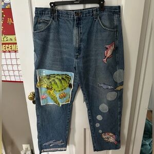 Retro Blue Jeans with Ocean-Themed Patches